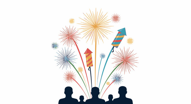 Colorful festival fireworks exploding in the night sky; vector illustration of pyrotechnic bursts, sparks, and light trails for New Year, holiday celebrations, and event backdrops.
