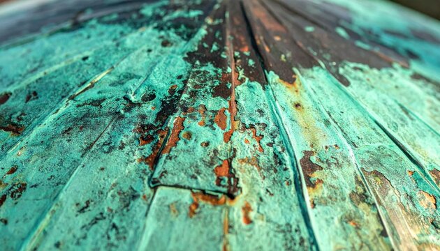 Macro closeup of weathered copper roof panels with patina oxidation, rusted texture and weathered verdigris metal surface