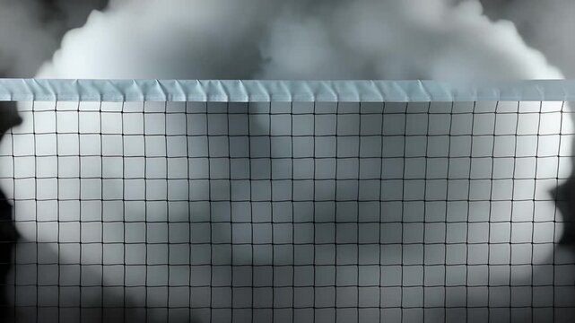 A professional tennis net stretched tight across a court provides a sharp focus for an athletic competition or a match set during a cloudy day at the park.