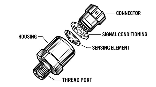 Exploded view of a pressure sensor component diagram.