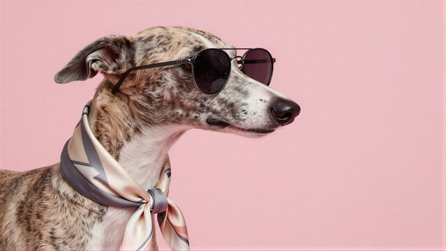 A stylish dog in sunglasses and a scarf against a pink background.