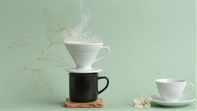 Steaming coffee brews in elegant white dripper set against soft green