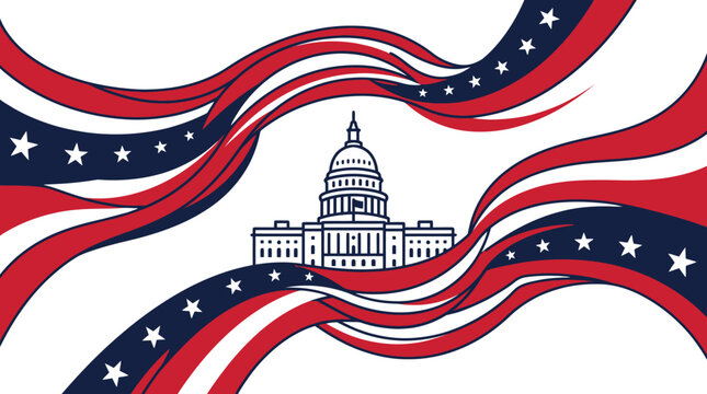 US Capitol silhouette framed by starry red blue ribbons