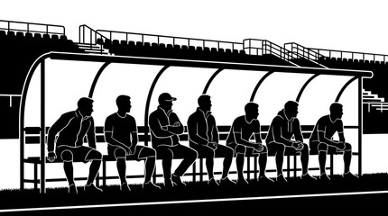 Black and white illustration of soccer players sitting on the team bench. © Aqila cohar
