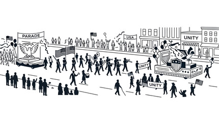 Black and white line art illustration of a community holiday parade. © Aqila cohar
