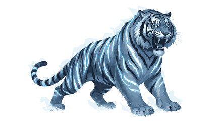 Fototapeta premium Majestic frost tiger spirit vector illustration featuring a mystical feline creature with glowing icy fur, sharp details, and winter fantasy elements on a solid background.