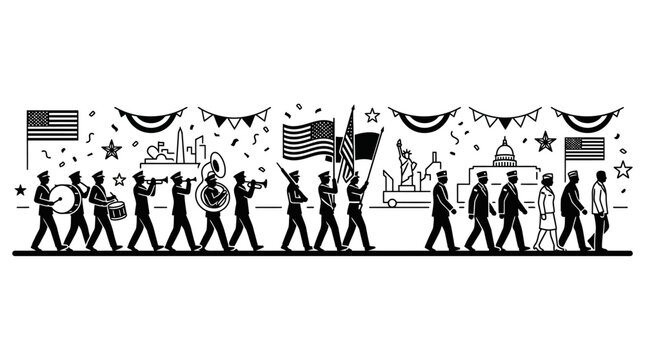 Black and white illustration of an American patriotic parade with marching band and citizens.