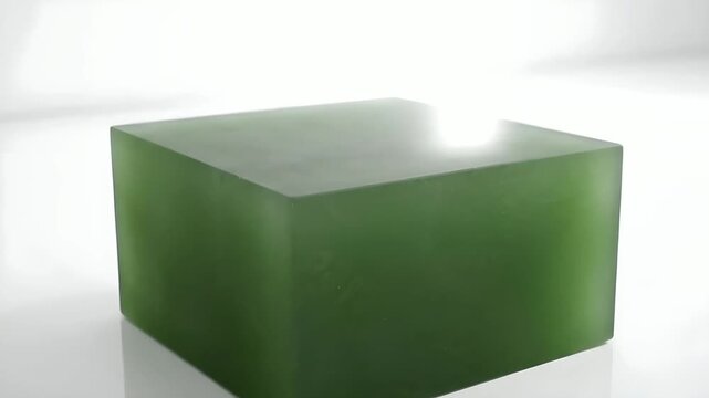 Matte green solid cube rotating slowly on clean glossy white reflective studio surface