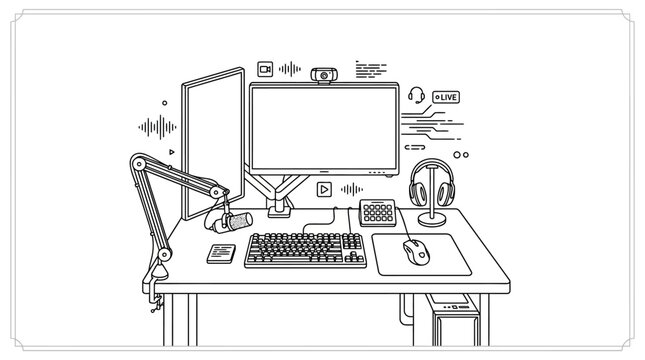 Black and white line art illustration of a gaming or streaming computer setup.