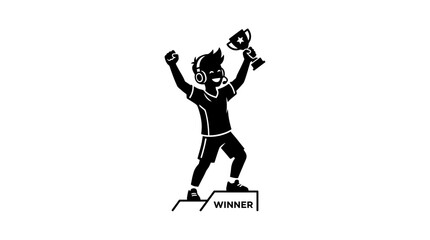 Black and white vector illustration of a victorious professional gamer holding a trophy. © Aqila cohar