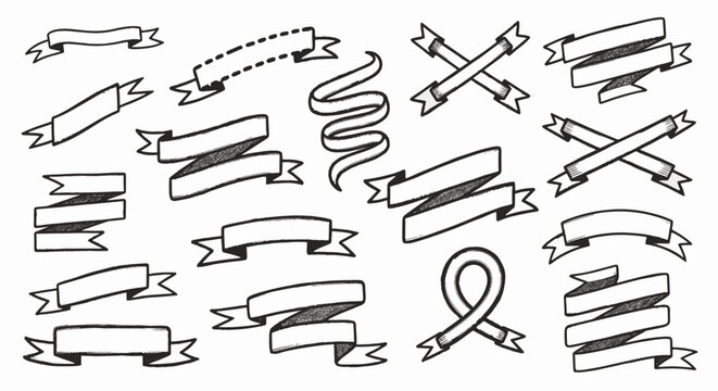 White hand-drawn chalk style banner ribbon vector illustration with textured edges and vintage charcoal sketch aesthetic, isolated for blackboard menu or graphic design projects.