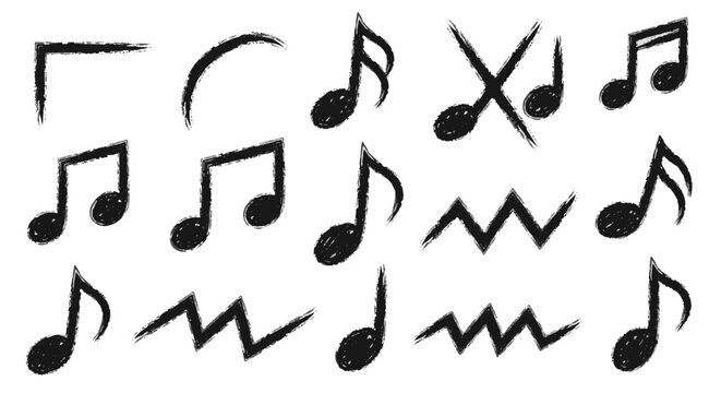 Vector illustration of hand-drawn chalk style music notes, treble clefs, and rhythmic symbols on a dark chalkboard texture background for artistic and educational design.