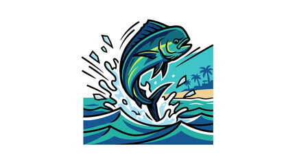 Obraz premium A colorful fish leaps out of the ocean waves near a tropical beach with palm trees in the background illustratively.