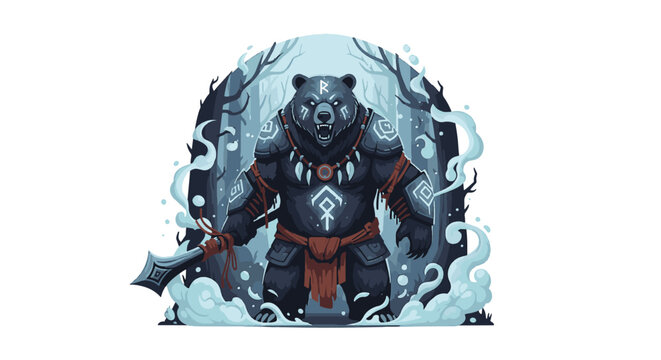 Detailed vector illustration of a spectral ghost bear shaman featuring mystical energy, traditional tribal ornaments, glowing aura, and ethereal spiritual motifs on a white background.