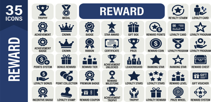 Reward solid icon set for gamification, loyalty programs, and achievement tracking. achievement icons include trophy, medal, winner, star, prize, and bonus vectors. Professional ui elements.