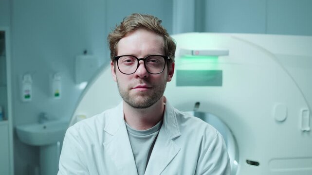 Young male doctor in glasses and white lab coat posing confidently for camera in front of CT scanner in modern imaging room. Video portrait