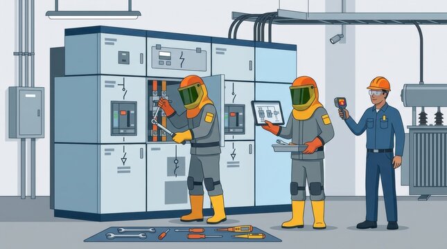 Workers wear safety gear while they check and repair electrical systems in a control room, using tools and digital devices for maintenance.