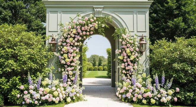 Opulent Pastel Floral Archway on a Sage Green Gate, Opening to a Sunlit Manicured Garden.