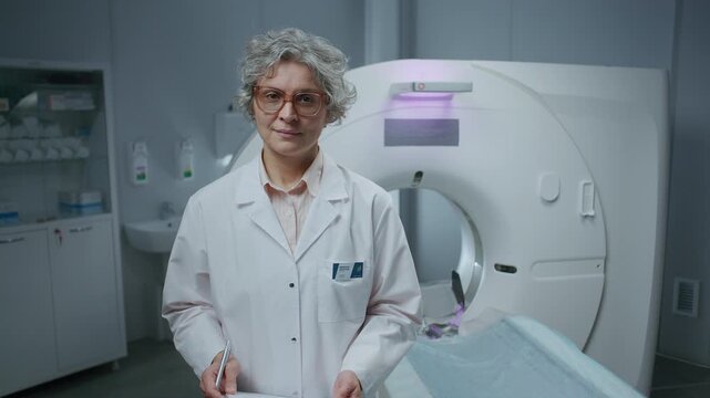 Senior female doctor in white lab coat holding clipboard and looking at camera while standing in front of modern CT scanner in imaging room at clinic. Video portrait