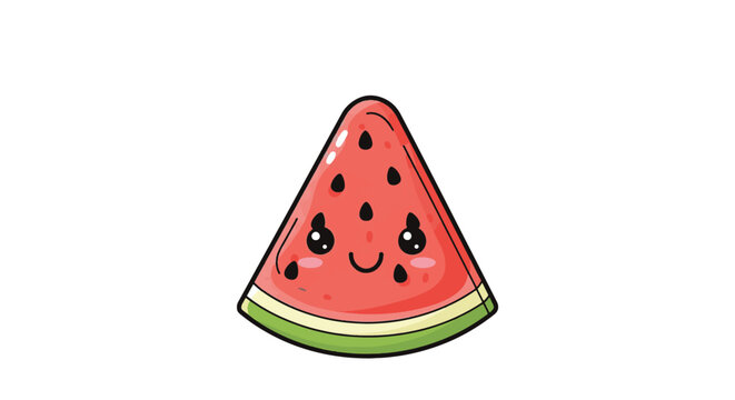 Kawaii watermelon slice vector illustration featuring a cute smiling face with simple eyes and a happy mouth. Bright red fruit with black seeds and green rind on white background.