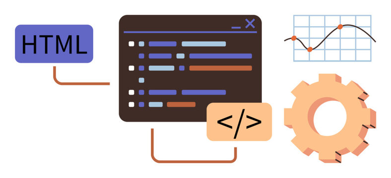 Web development, programming, software engineering, data visualization, tech tools, coding education. Code editor with HTML, data chart and gear icon. Web development and programming concept