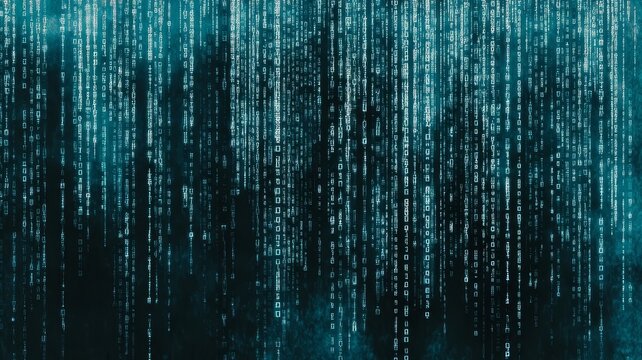 Abstract digital background featuring cascading blue binary code data streams and futuristic information network patterns
