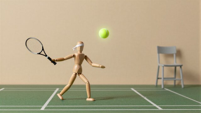 Blindfolded wooden figure plays tennis on green court with chair in