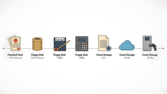 A timeline illustrating the evolution of data storage technology from punched cards to modern cloud solutions.