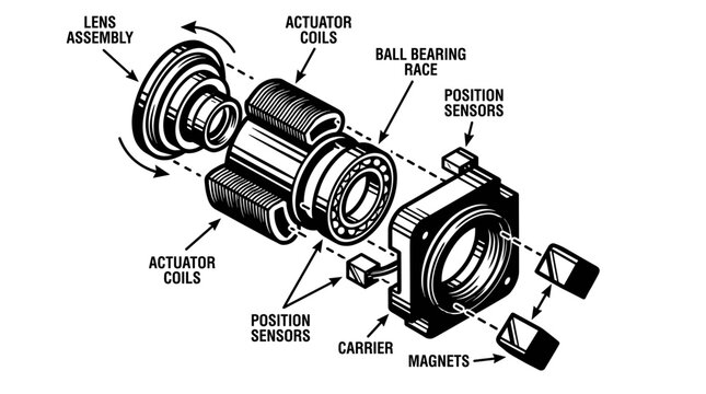 Exploded view of an optical lens actuator mechanism.
