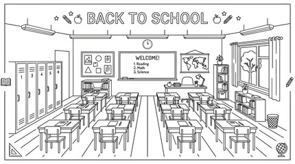 Detailed coloring page featuring an empty classroom for students. ©  Dani riza