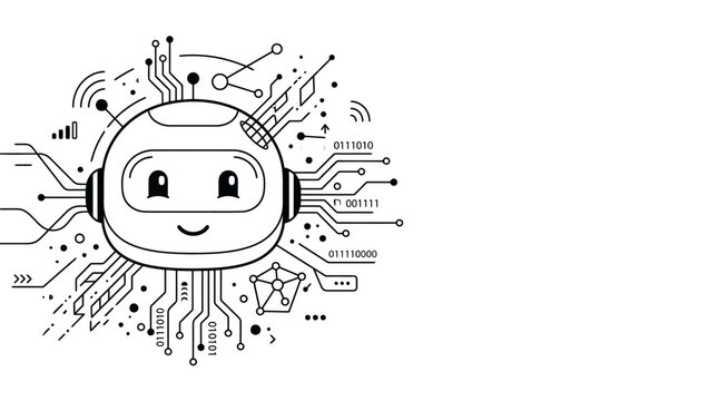 Cute cartoon robot head with digital circuitry lines and binary code.