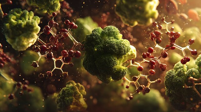 Artistic depiction of broccoli florets and molecular structures, emphasizing health & nutrients