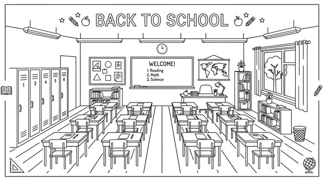 Detailed coloring page featuring an empty classroom for students.