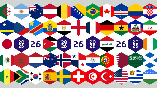 International Football Tournament 2026 Poster Template with All Participating Country Flags in Hexagonal Shape. Sports Event Graphic Resources
