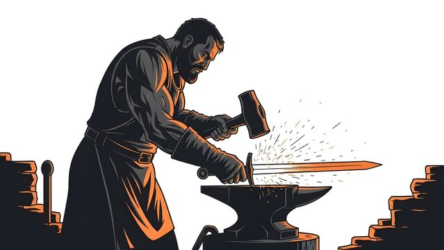 A blacksmith forging a sword on an anvil with a hammer, sparks flying in a stylized illustration.