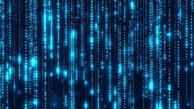 Abstract glowing blue binary code rain digital technology data stream background visual effect