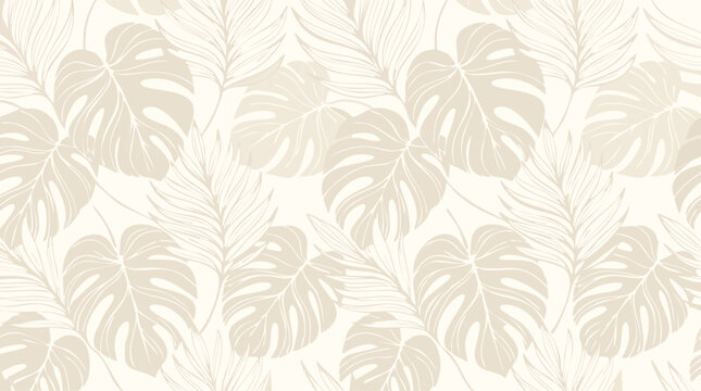 Monstera leaf pattern, beige and white tropical illustration
