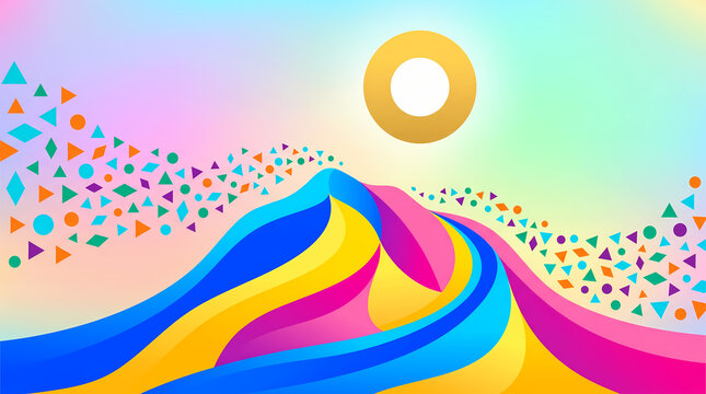 Dynamic abstract illustration for Arafat (Hajj) Day, showcasing colorful mountains and scattered festive elements under a glowing sun, evoking peace and divine blessings