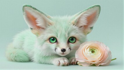 Fototapeta premium Cute mint fox with green eyes beside a soft pink flower.