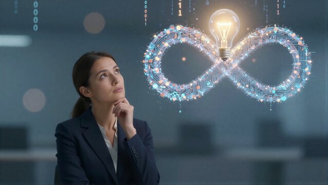 Woman in suit gazes at glowing infinity circuit loop with light bulb