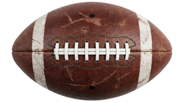 Worn American football with white laces and brown leather texture - sports equipment closeup