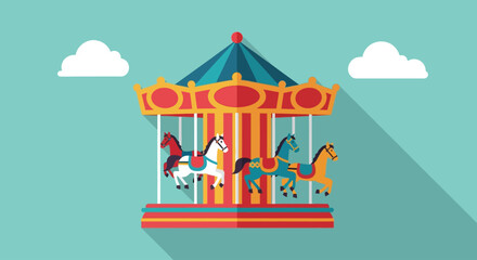 Naklejka premium Colorful illustration of a carousel with horses.