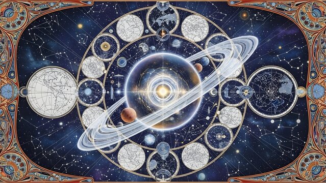 Intricate celestial map with a central ringed planet, zodiac signs, constellations, and astronomical diagrams.
