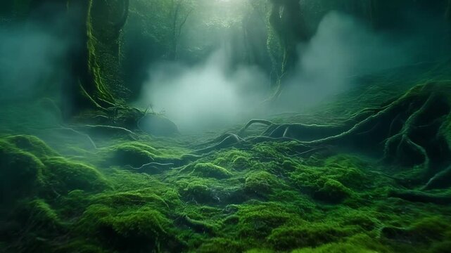 Enchanted Mossy Forest with Ancient Tree Roots and Magical Sunbeams Piercing Through Mystical Fog, Seamless Loop Full HD Motion Background