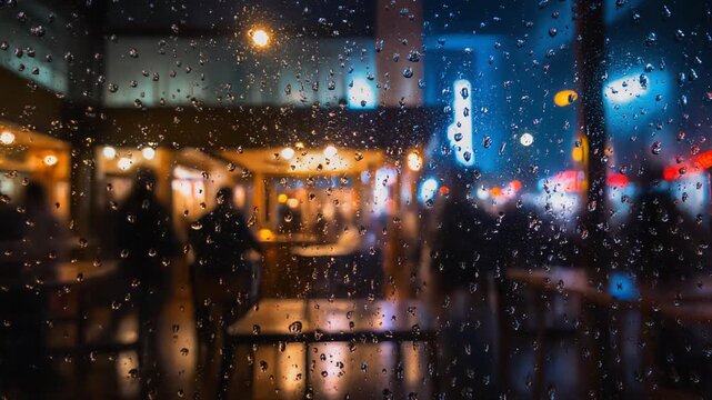 Cinematic Full HD Loop of Raindrops on Glass Window with Blurry City Street Lights and People at Night, Urban Atmosphere Background