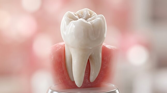 Ultra realistic 3D render of a human tooth highly detailed anatomical structure realistic enamel texture medical grade visualization photorealistic CGI cinematic lighting clean soft pink blurred backg