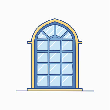 Cartoon arched window with blue panes and yellow frame