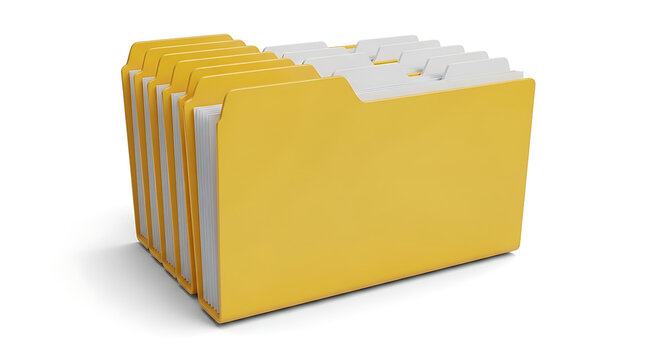 Stacked vibrant yellow business document folders featuring blank white tabs arranged in a neat pile isolated on a clean white background for office organization and filing concepts