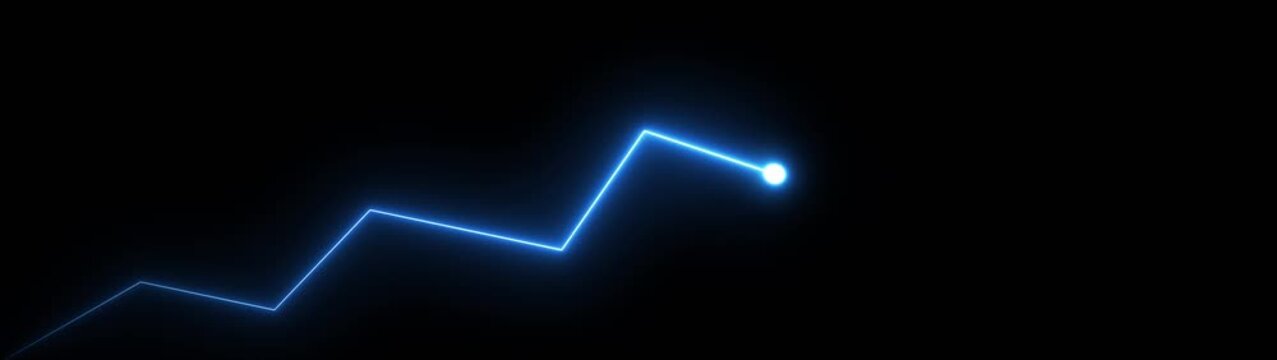 neon glowing zigzag line with upward arrow on black background, representing growth trend, progress, and rising performance.