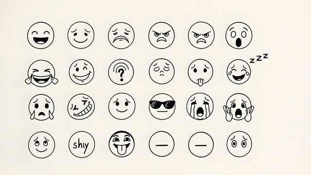 A grid of hand-drawn emoji-style faces depicting a wide range of human emotions and expressions, from joy and sadness to anger and surprise.
